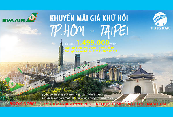 Eva Air khuyến mãi giá khứ hồi TP.HCM đi Đài Bắc 